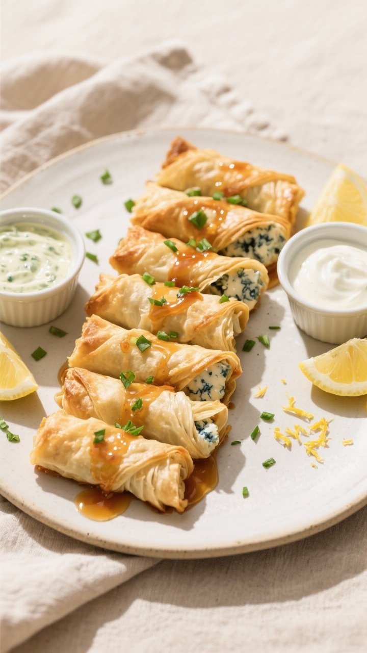 Tasty top view: Overhead shot of a platter of crispy blue cheese phyllo rolls, neatly lined and slig