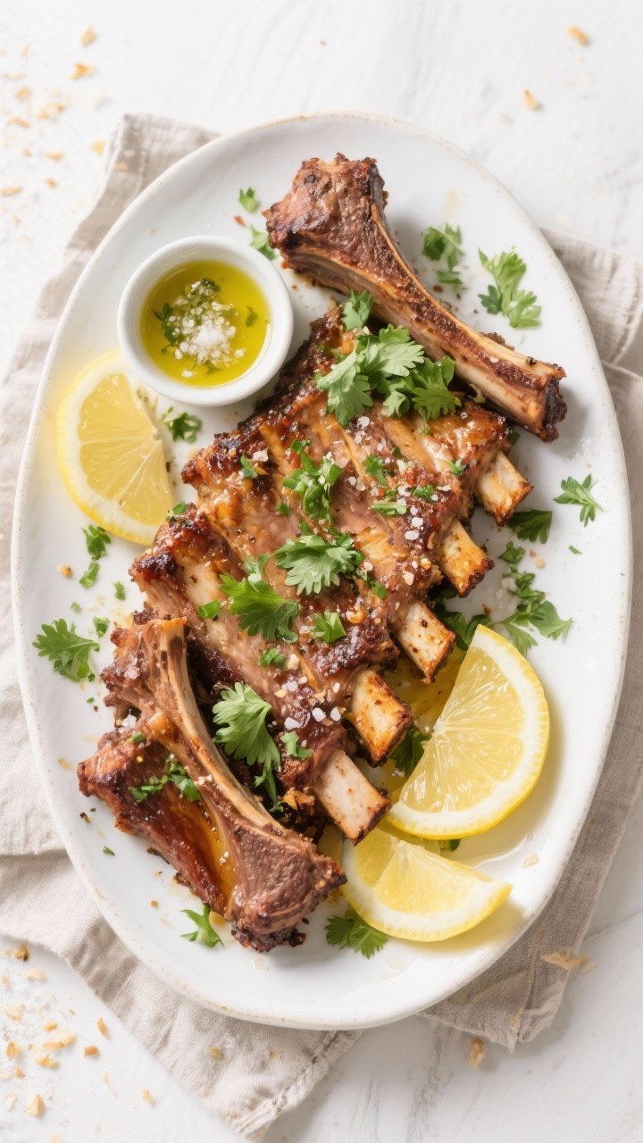 Tasty top view: Overhead shot of a platter of finished air fryer lamb ribs, generously sprinkled wit