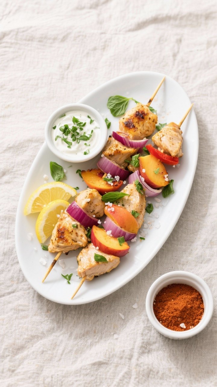 Tasty top view: Overhead shot of a platter of finished Air Fryer Chicken and Peach Kebabs on a white