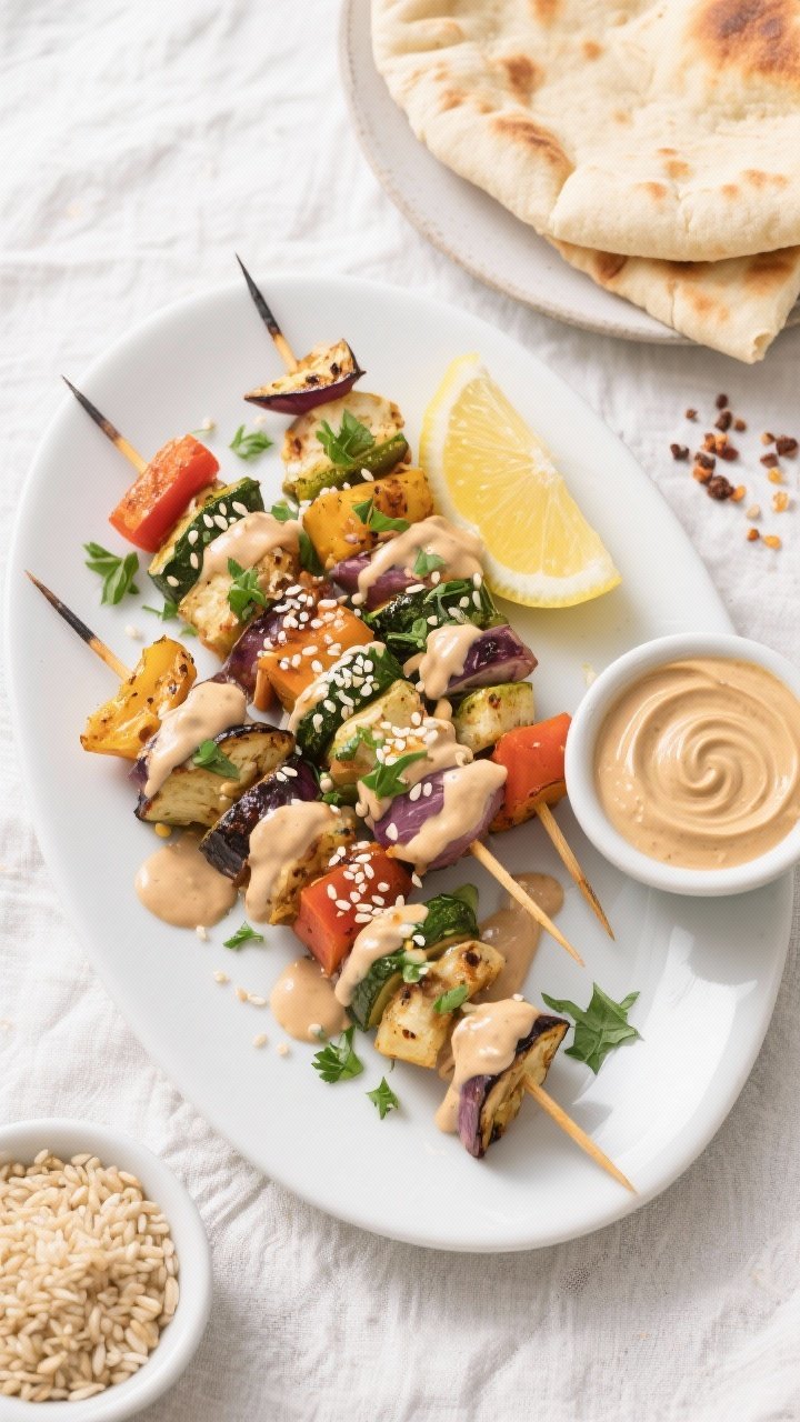 Tasty top view: Overhead shot of a platter of finished air fryer vegetable kebabs on a matte white o