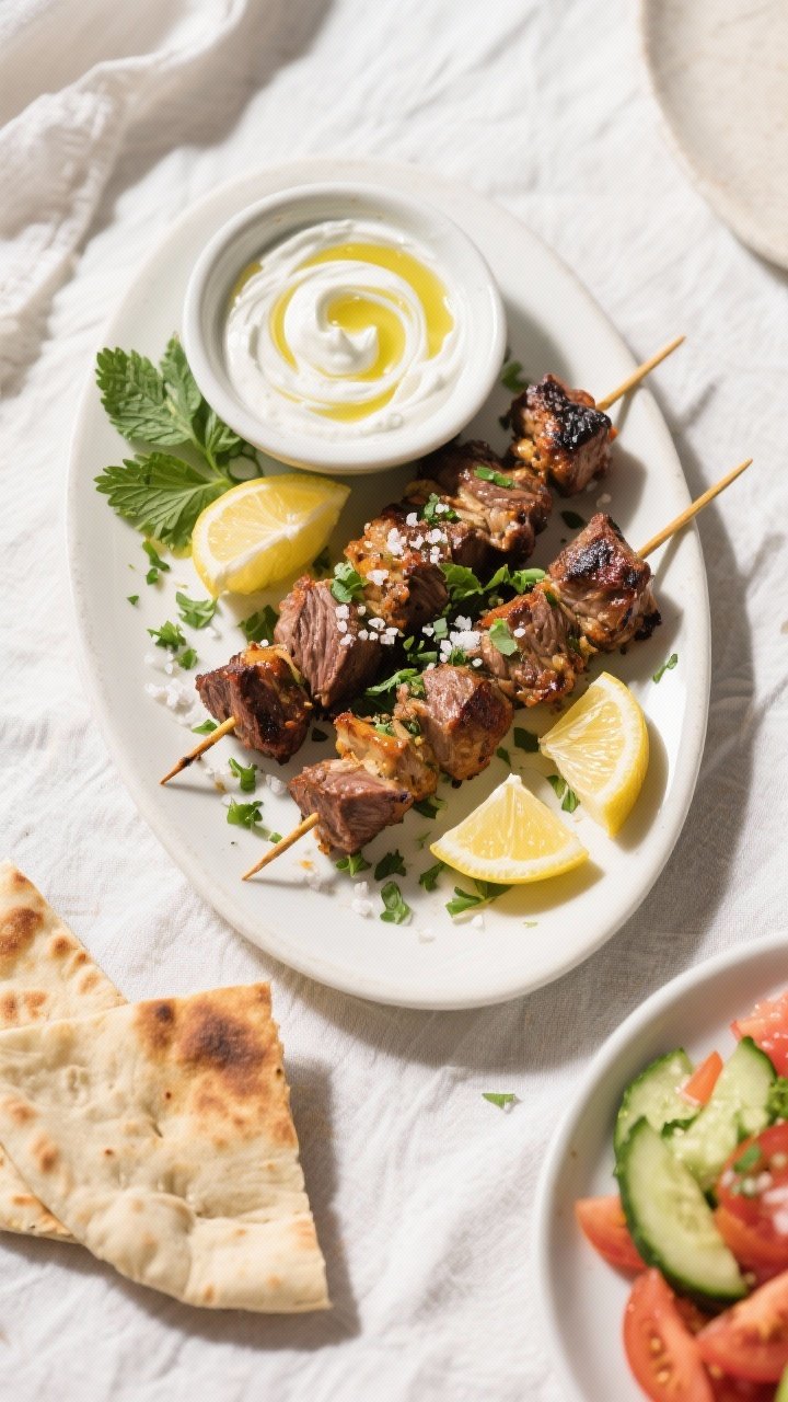 Tasty top view: Overhead shot of a platter of finished Moroccan lamb skewers on a matte white oval p