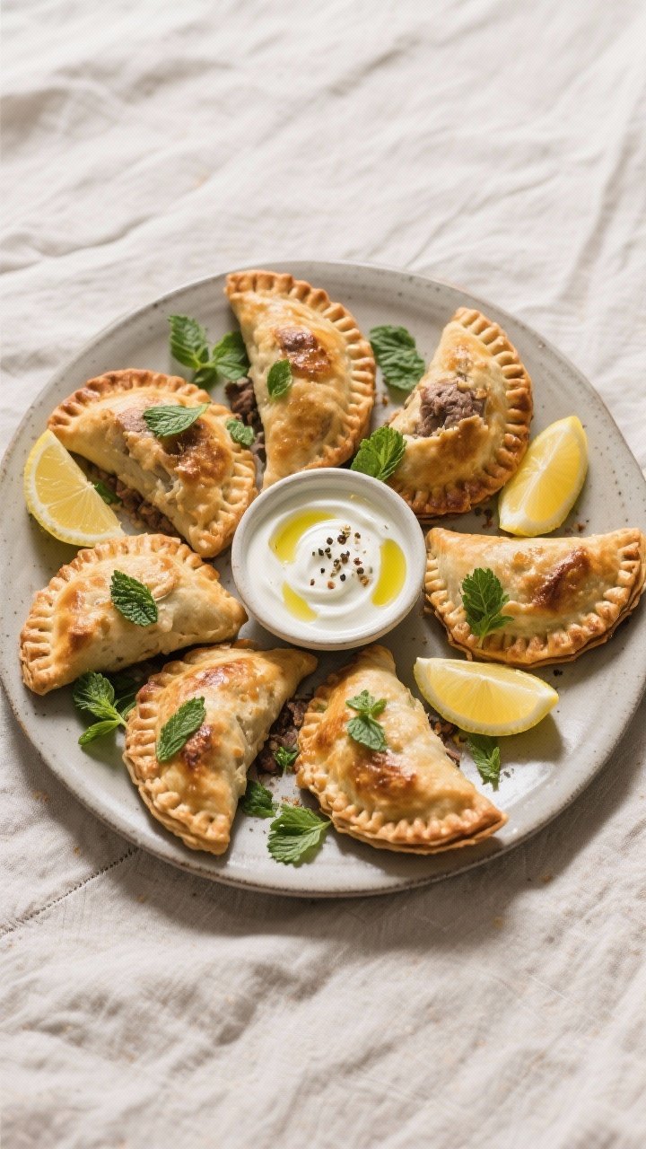 Tasty top view: Overhead shot of a platter of finished lamb pies arranged in a loose circle on a mat