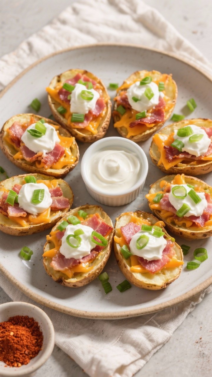 Tasty top view: Overhead shot of a platter of loaded potato skins arranged in a circular pattern, ea