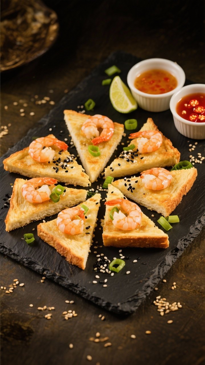 Tasty top view: Overhead shot of a platter of prawn toast triangles arranged in a fan on a dark slat