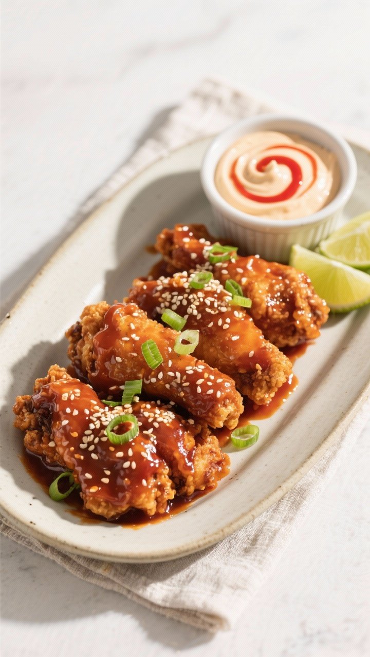 Tasty top view: Overhead shot of a platter of saucy Korean fried chicken arranged in a single, gener