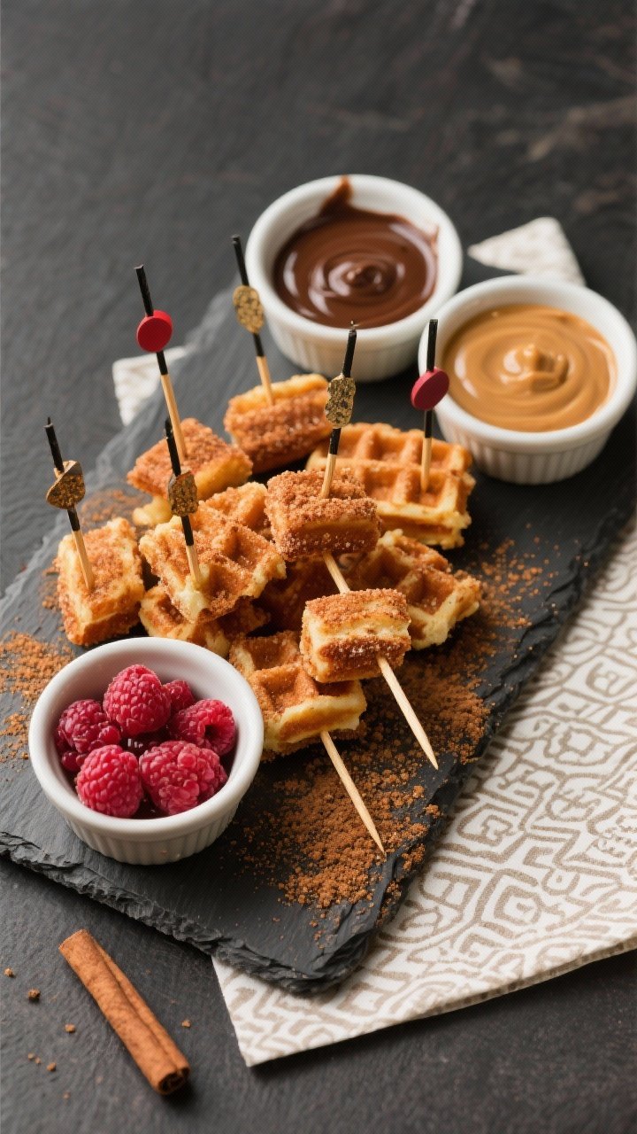Tasty top view: Overhead shot of a platter of waffle churro bites skewered on short cocktail picks, 