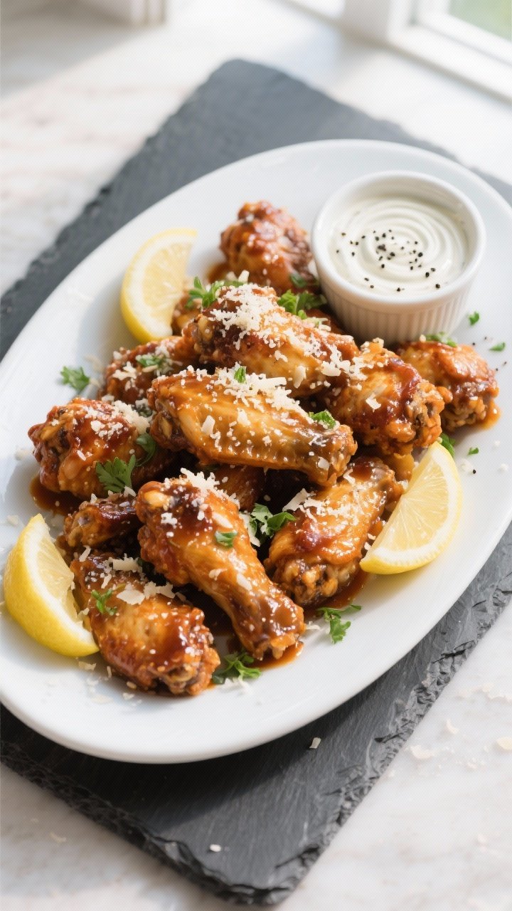 Tasty top view: Overhead shot of a platter piled with garlic Parmesan wings tossed in sauce, glossy 