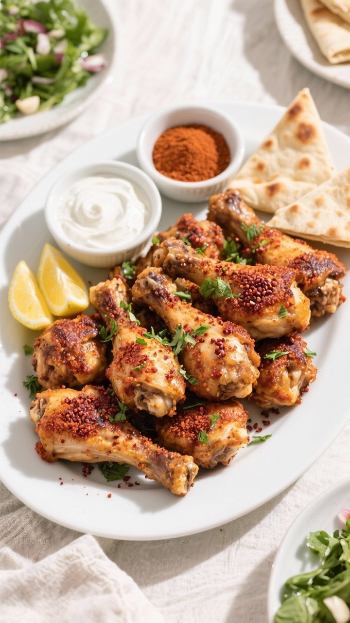Tasty top view: Overhead shot of a platter piled with Air Fryer Sumac Rub Drumsticks, sprinkled with