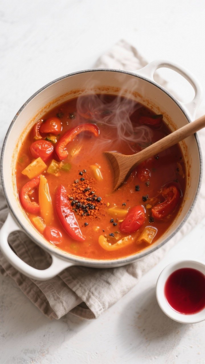 Tasty top view: Overhead shot of a pot of simmering roasted tomato and sweet pepper soup right befor