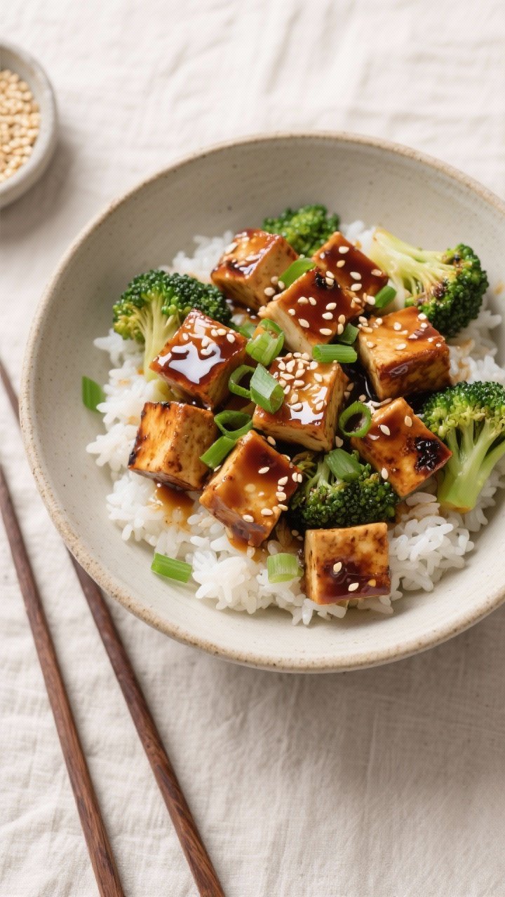 Tasty top view: Overhead shot of a rice bowl topped with teriyaki tofu cubes and charred broccoli fl