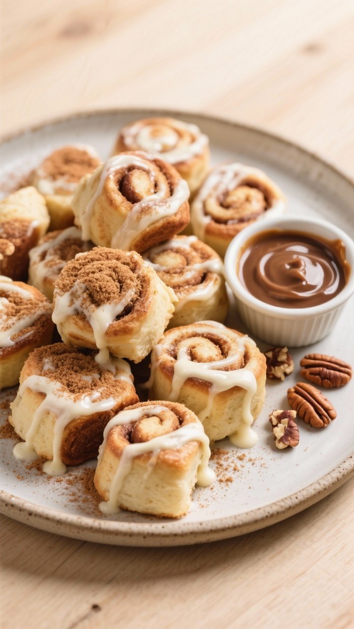 Tasty top view: Overhead shot of a rustic plate piled with cinnamon roll bites drizzled with glossy 
