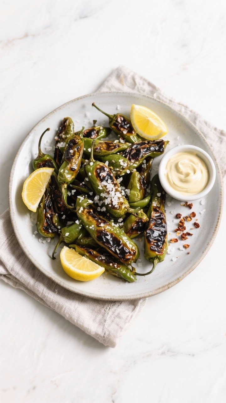 Tasty top view: Overhead shot of a rustic platter piled with charred Padron peppers, finished with a