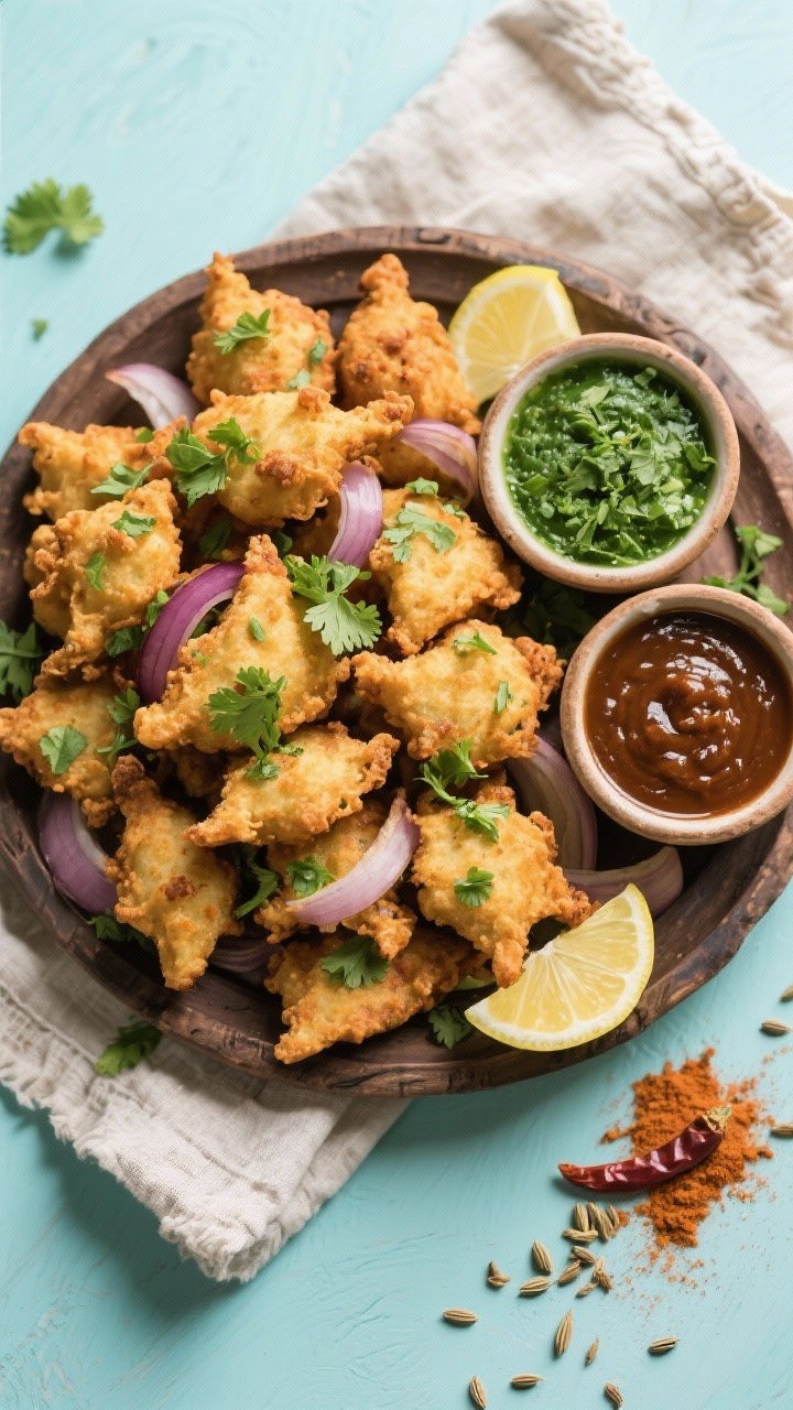 Tasty top view: Overhead shot of a rustic platter piled with small, jagged onion bhajis, garnished w