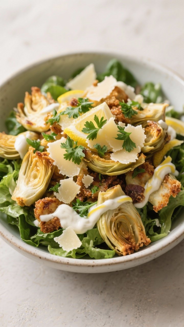 Tasty top view: Overhead shot of a salad bowl topped with a generous layer of crispy artichoke heart