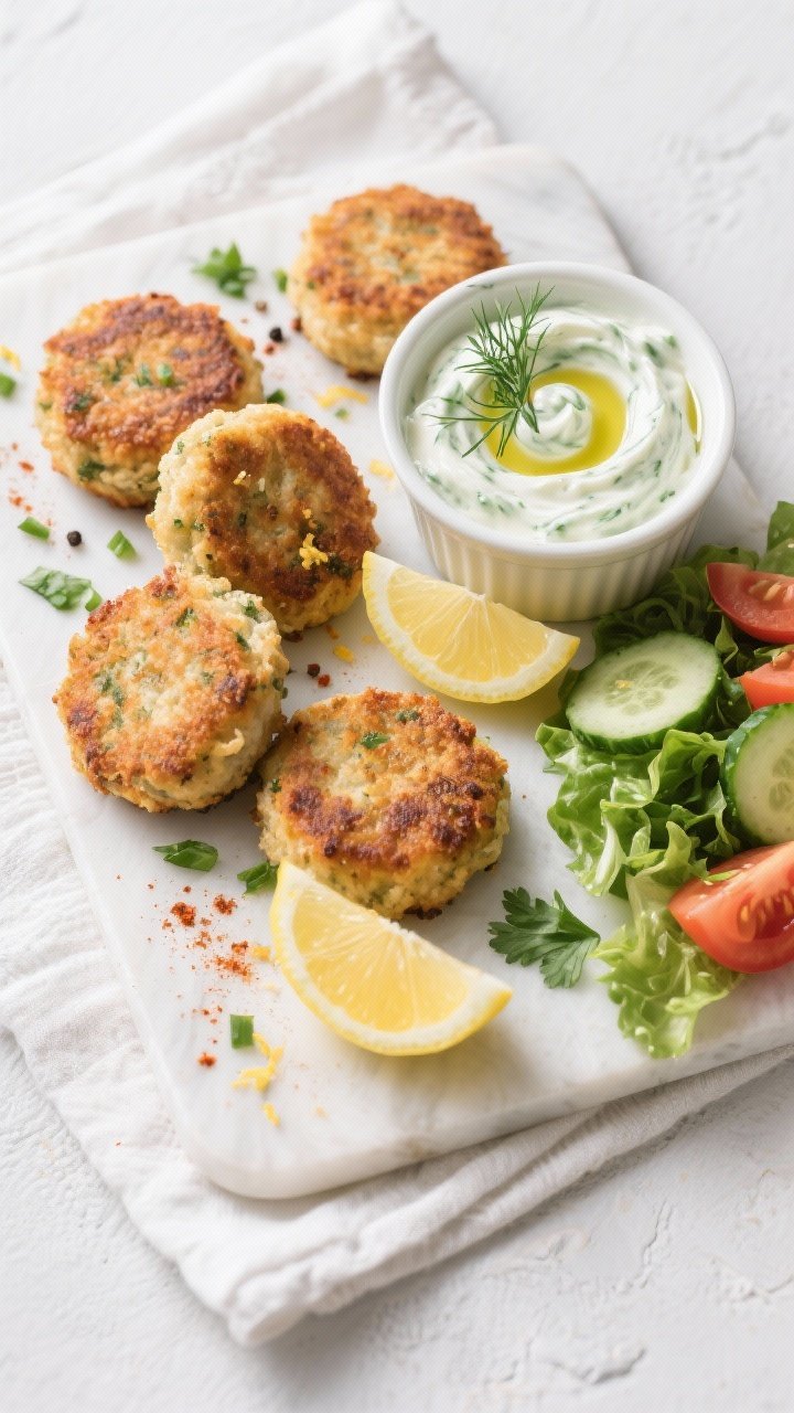 Tasty top view: Overhead shot of a serving board with 6–8 crisp fish cakes arranged in a casual cl