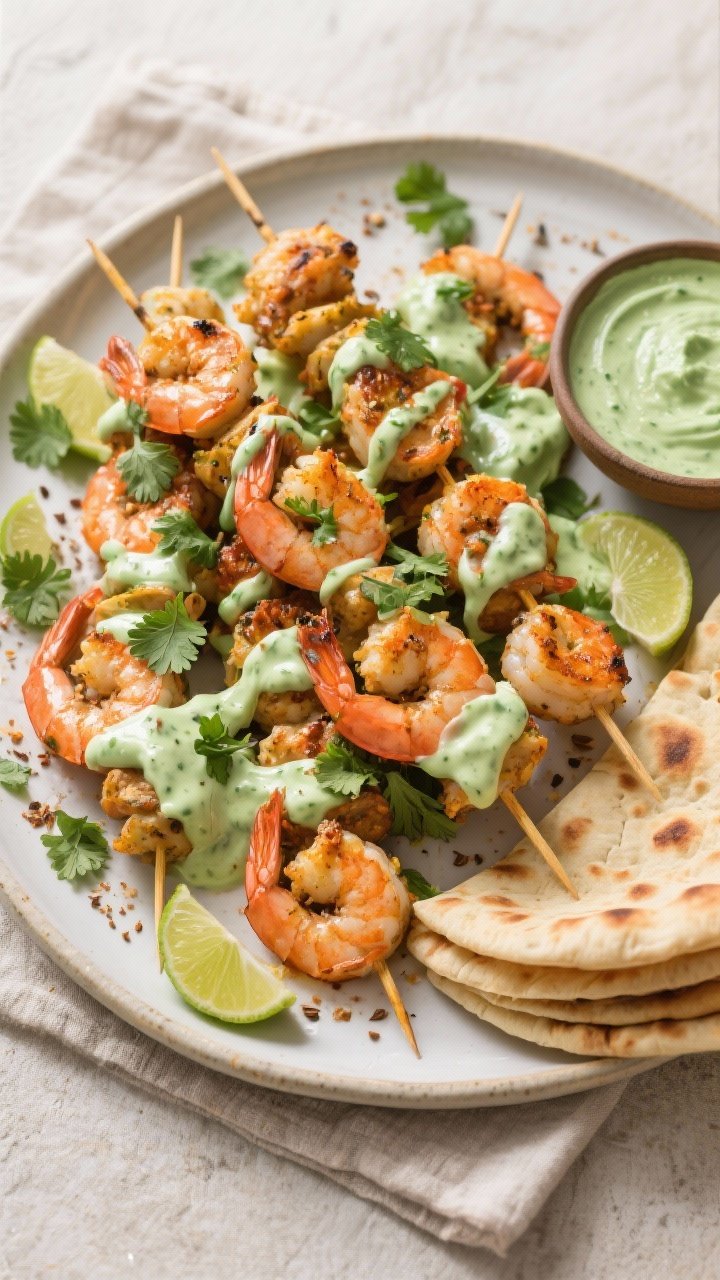 Tasty top view: Overhead shot of a serving platter piled with prawn kebabs, generously drizzled with