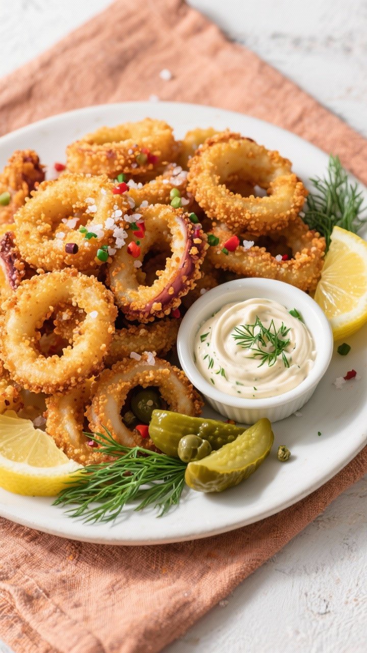 Tasty top view: Overhead shot of a serving platter piled with hot, crispy calamari rings, sprinkled