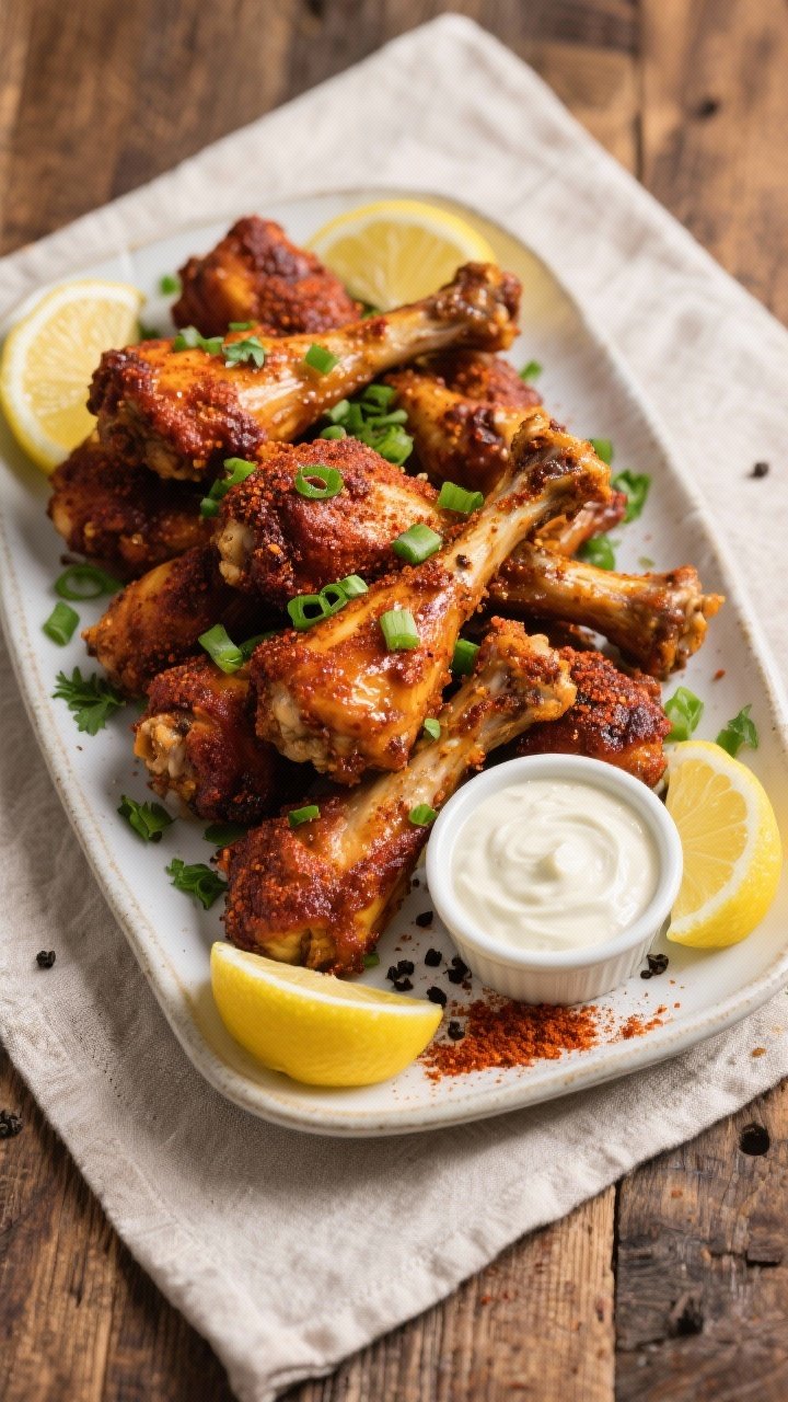 Tasty top view: Overhead shot of a serving platter piled with Cajun rub drumsticks, deep mahogany-go