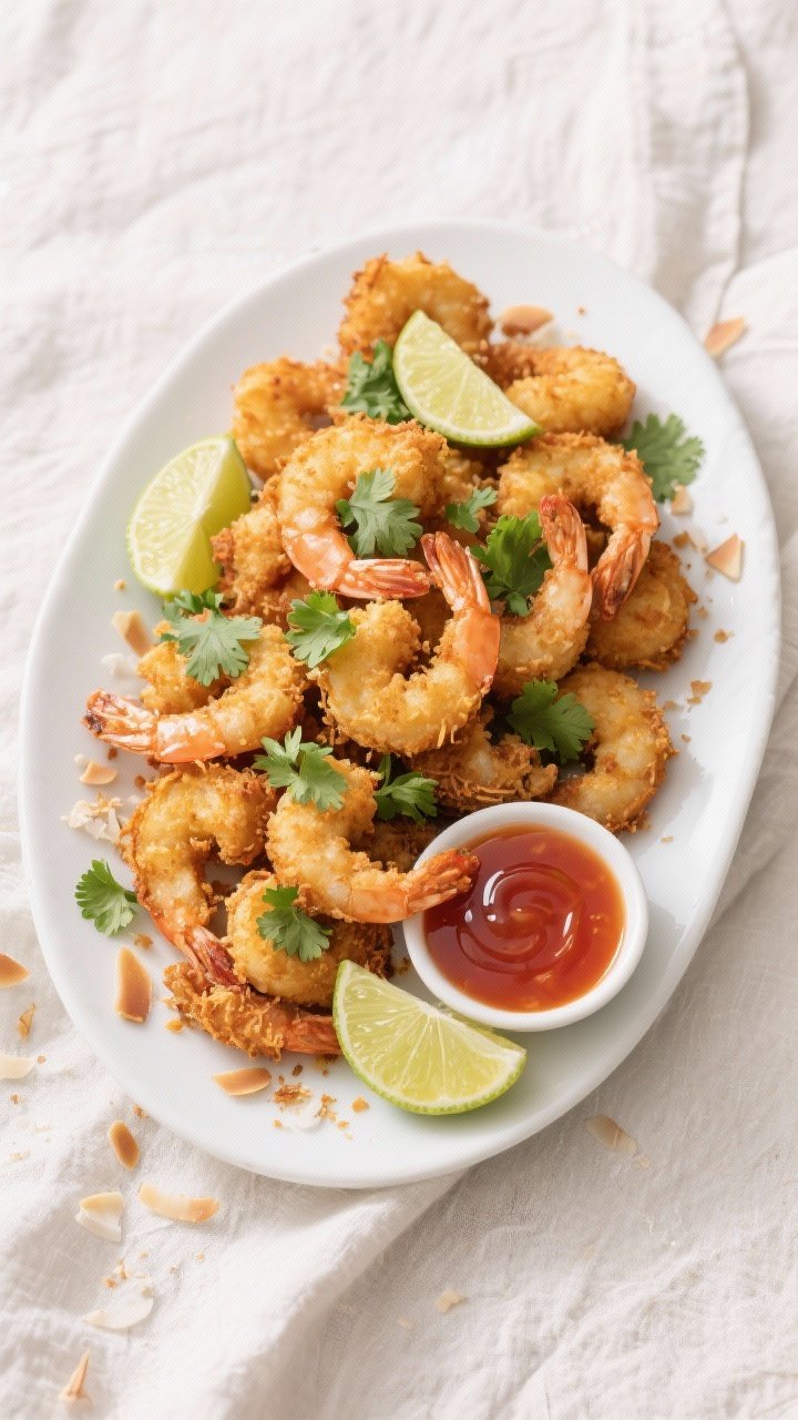 Tasty top view: Overhead shot of a serving platter piled with air-fried coconut shrimp, garnished wi