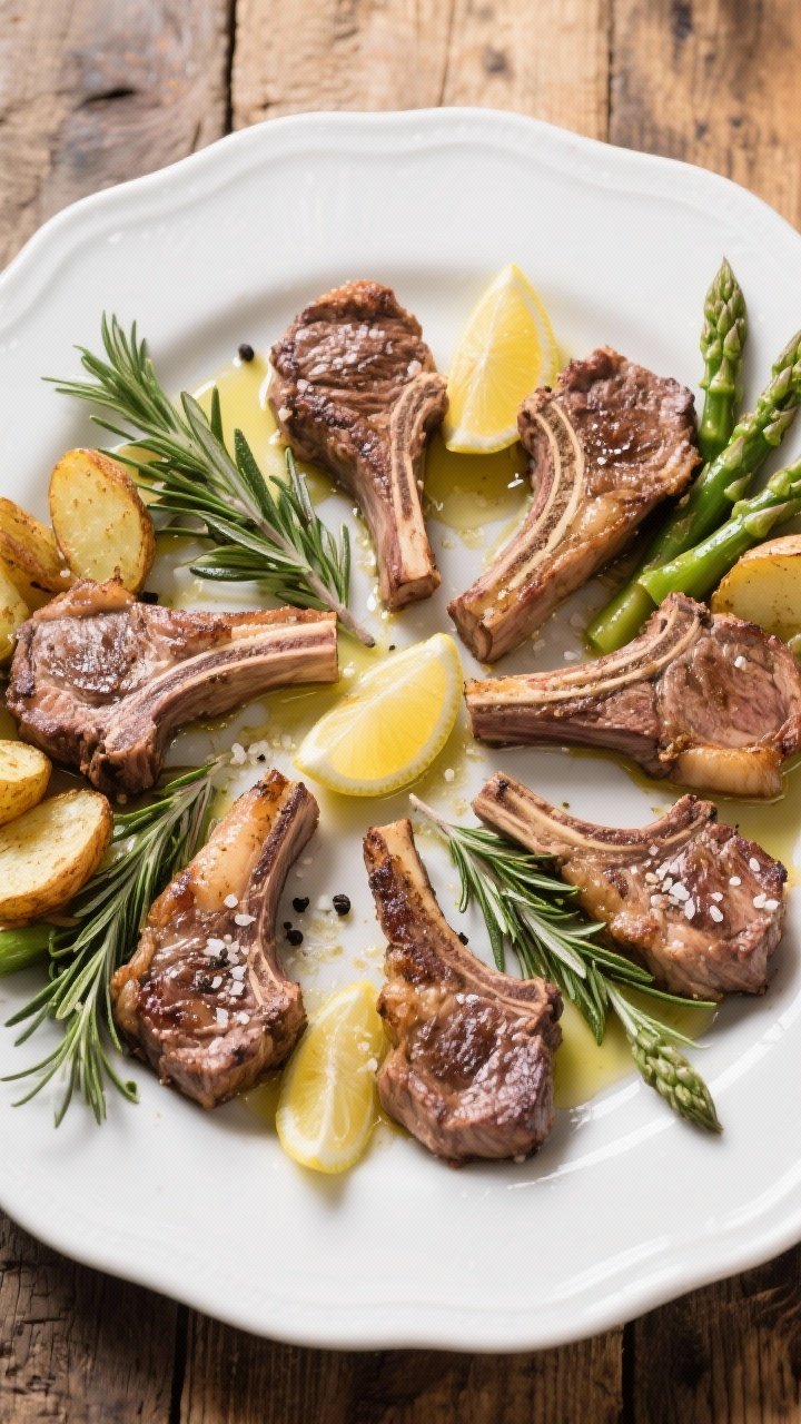 Tasty top view: Overhead shot of a serving platter with 6–8 cooked lamb loin chops arranged in a l