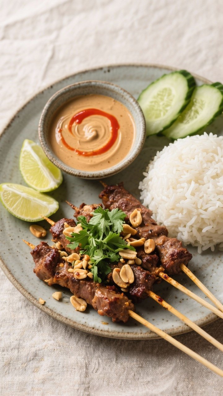 Tasty top view: Overhead shot of a serving platter loaded with finished beef satay, a small bowl of 