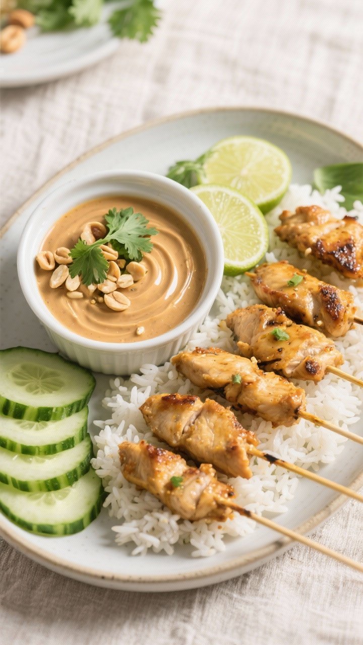 Tasty top view: Overhead shot of a serving platter with neatly arranged chicken satay skewers over j