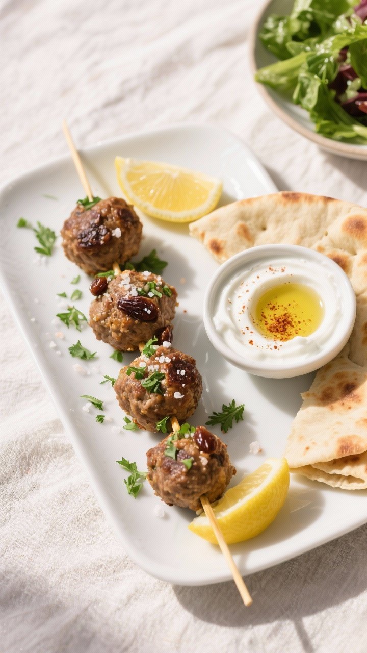 Tasty top view: Overhead shot of a serving platter with 4–6 sultana meatball kebabs arranged in a