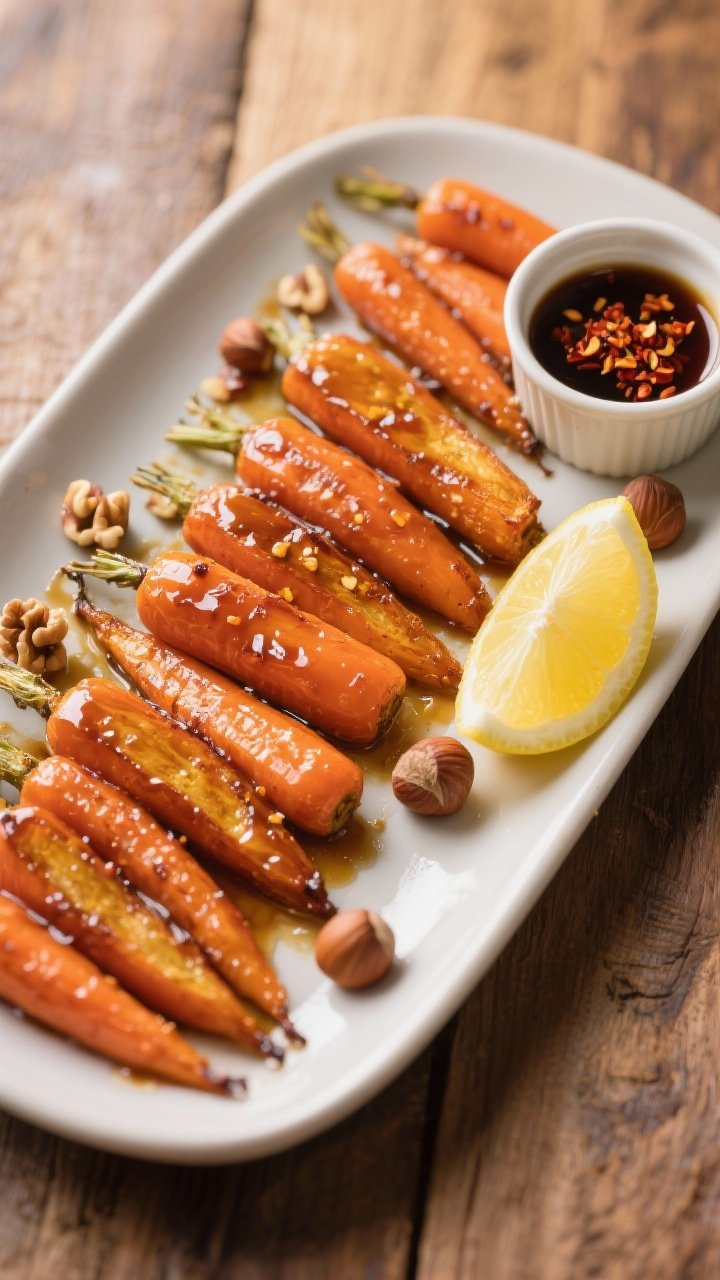 Tasty top view: Overhead shot of a serving platter of sticky roasted carrots arranged in neat rows,