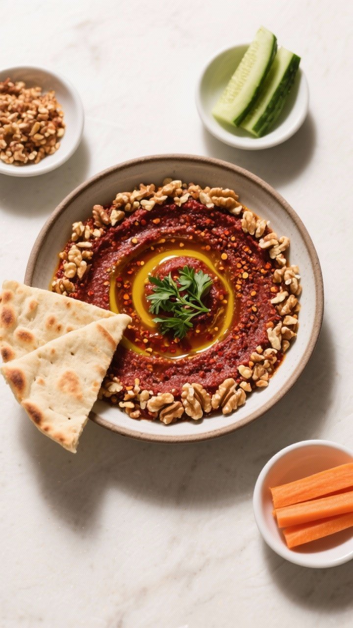 Tasty top view: Overhead shot of a shallow bowl of muhammara, finished with a swirl of olive oil, sp