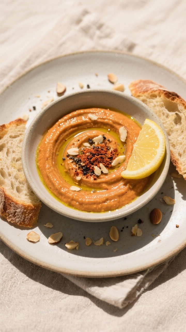 Tasty top view: Overhead shot of a shallow bowl of romesco swirled to show body and shine, finished 
