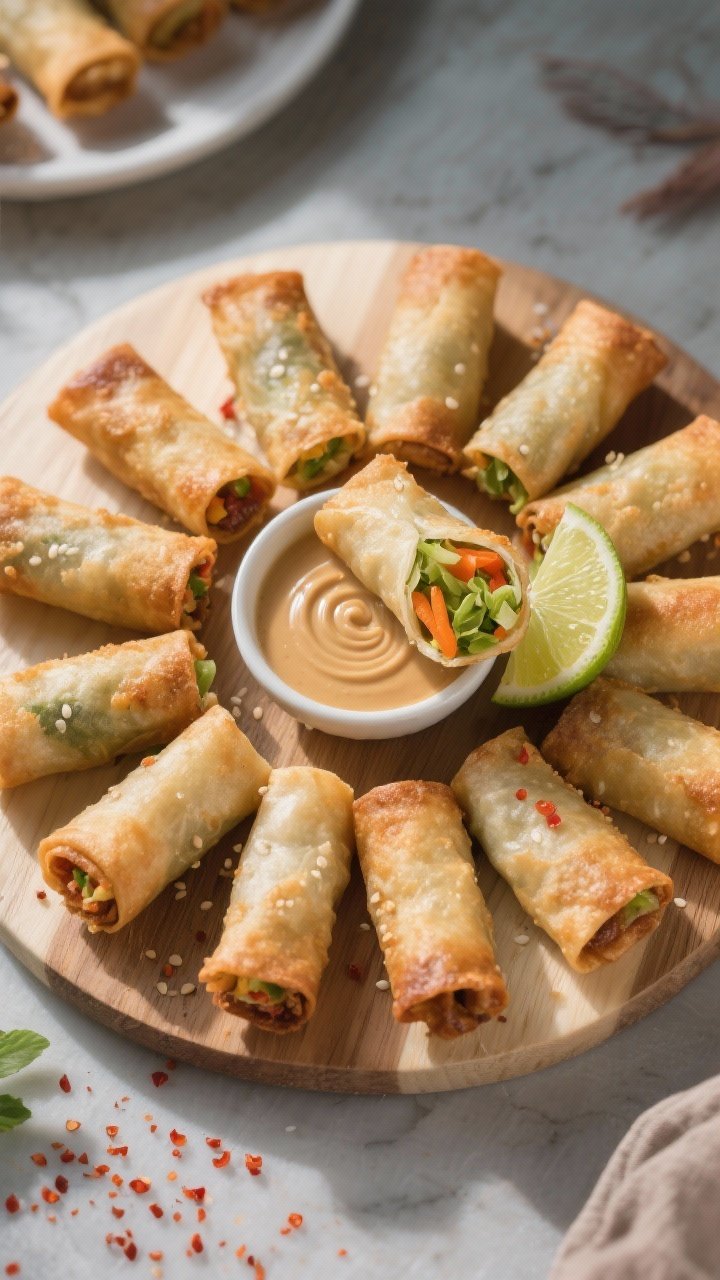 Tasty top view: Overhead shot of a shareable board with multiple air-fried spring rolls arranged in