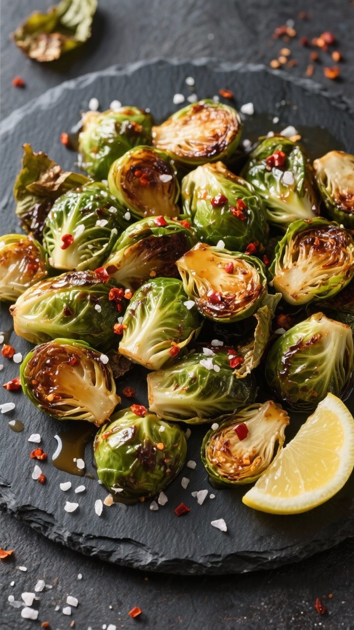 Tasty top view: Overhead shot of a shareable platter of Brussels sprouts with a sweet-and-spicy fini