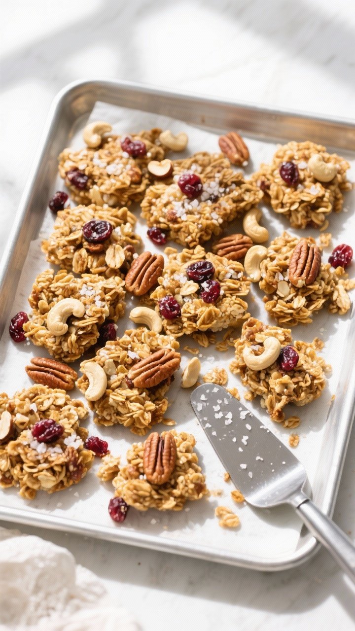Tasty top view: Overhead shot of a sheet pan covered with freshly cooled granola pressed into large 