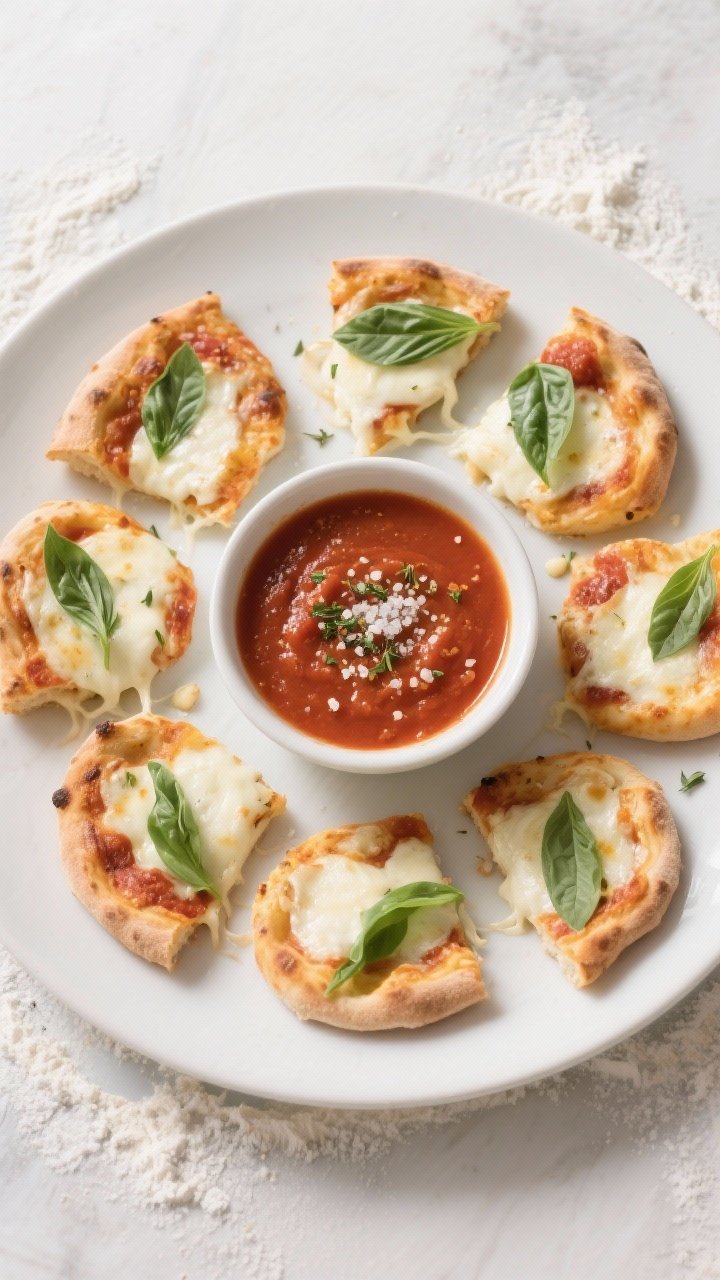 Tasty top view: Overhead shot of a single-serving plate with 5–6 pizza wheels (Margherita variatio