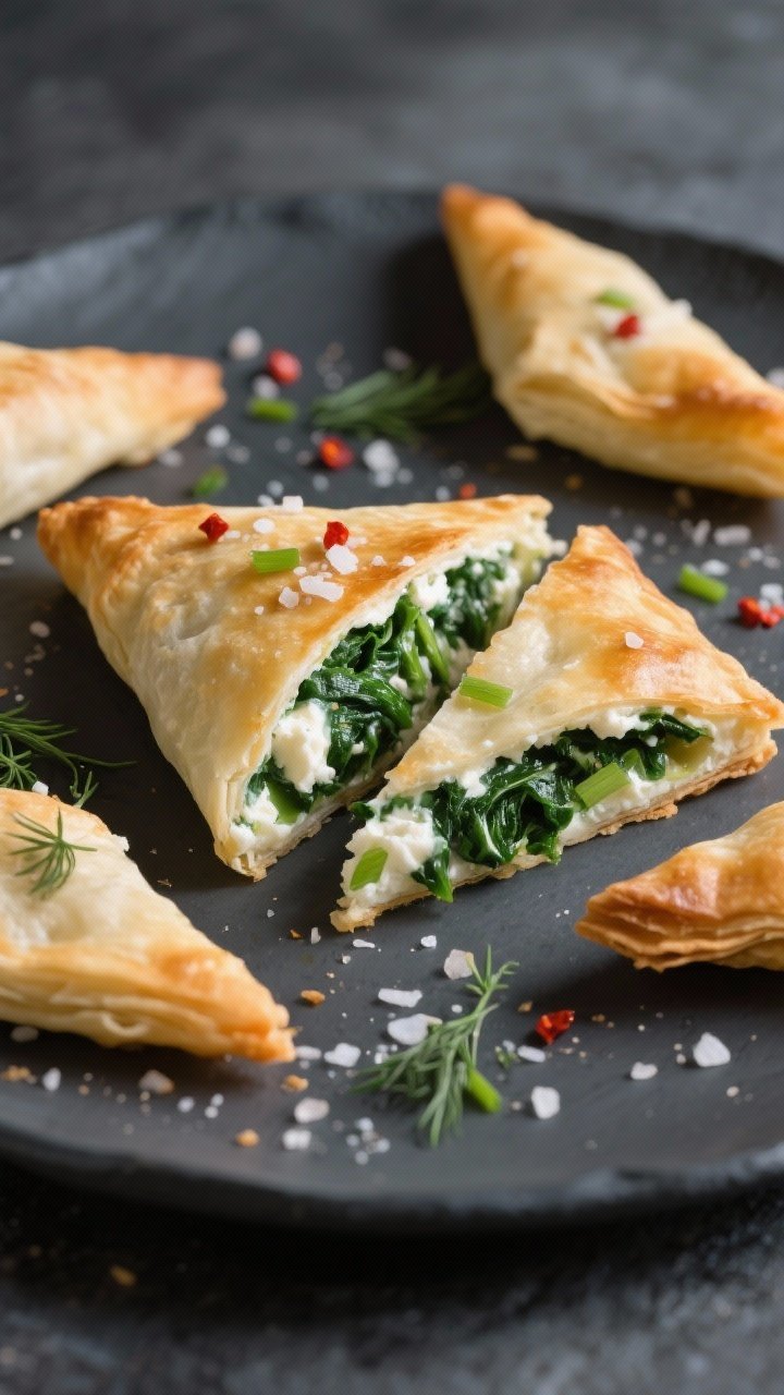 Tasty top view: Overhead shot of a single spanakopita triangle cut in half to reveal the creamy spin