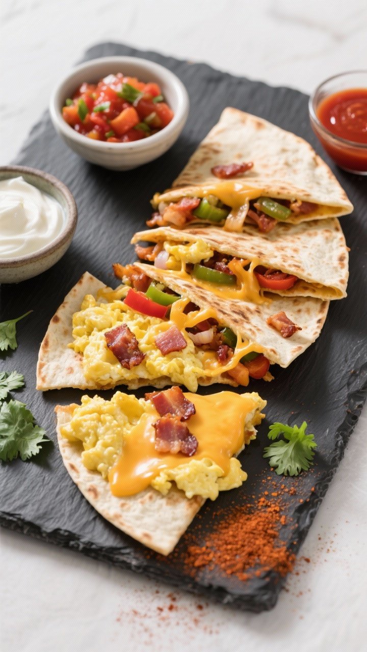 Tasty top view: Overhead shot of a sliced air fryer breakfast quesadilla arranged in wedges on a dar