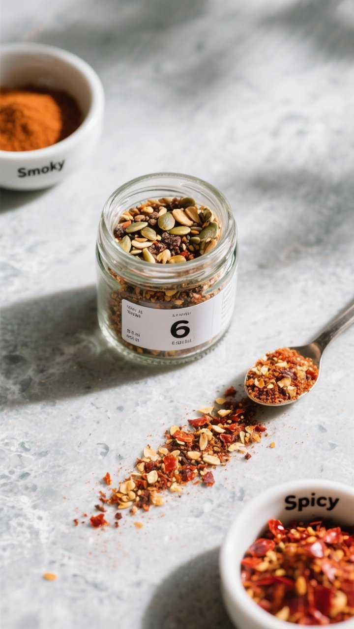 Tasty top view: Overhead shot of a small 6-ounce glass jar filled with the finished seasoning—high