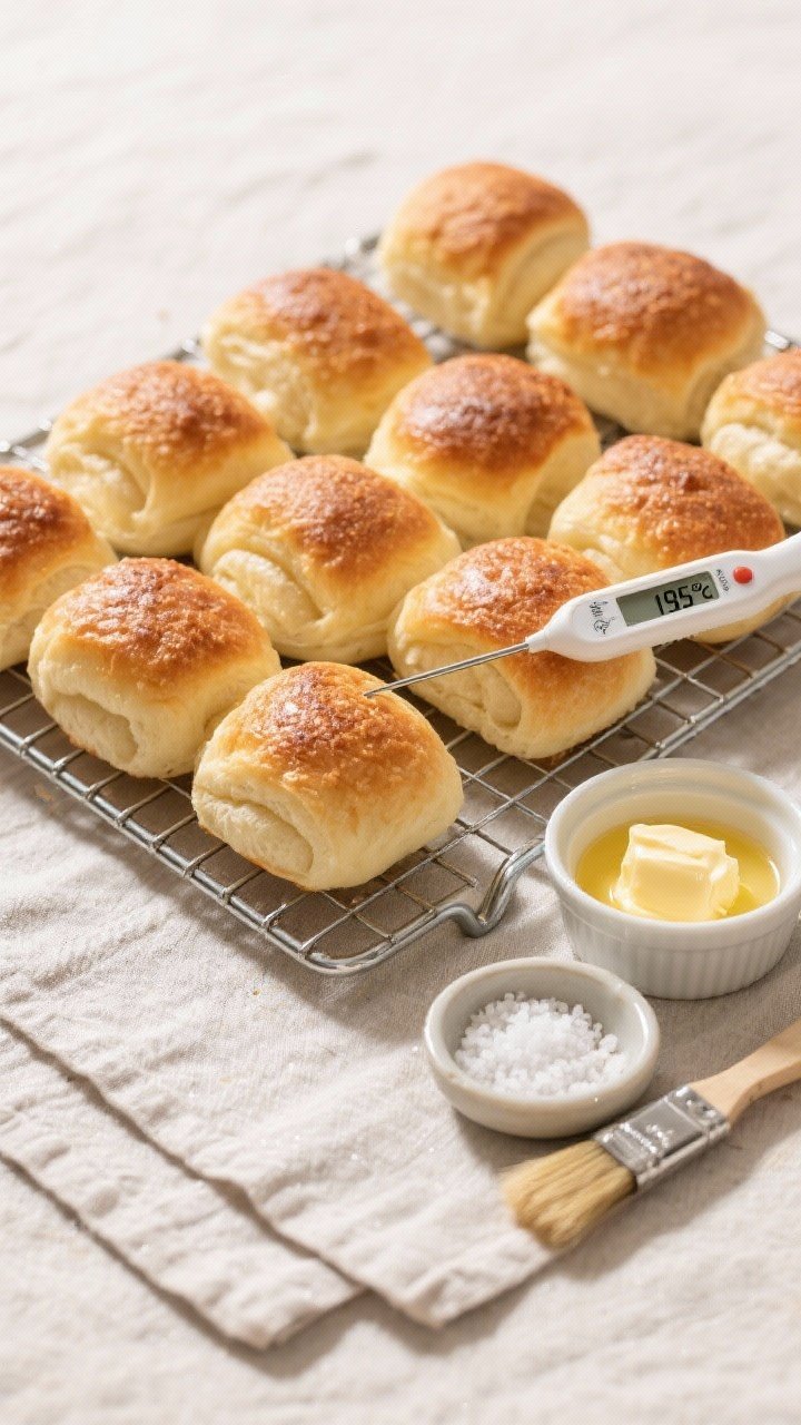 Tasty top view: Overhead shot of a small batch (8–10) of finished rolls on a cooling rack, evenly