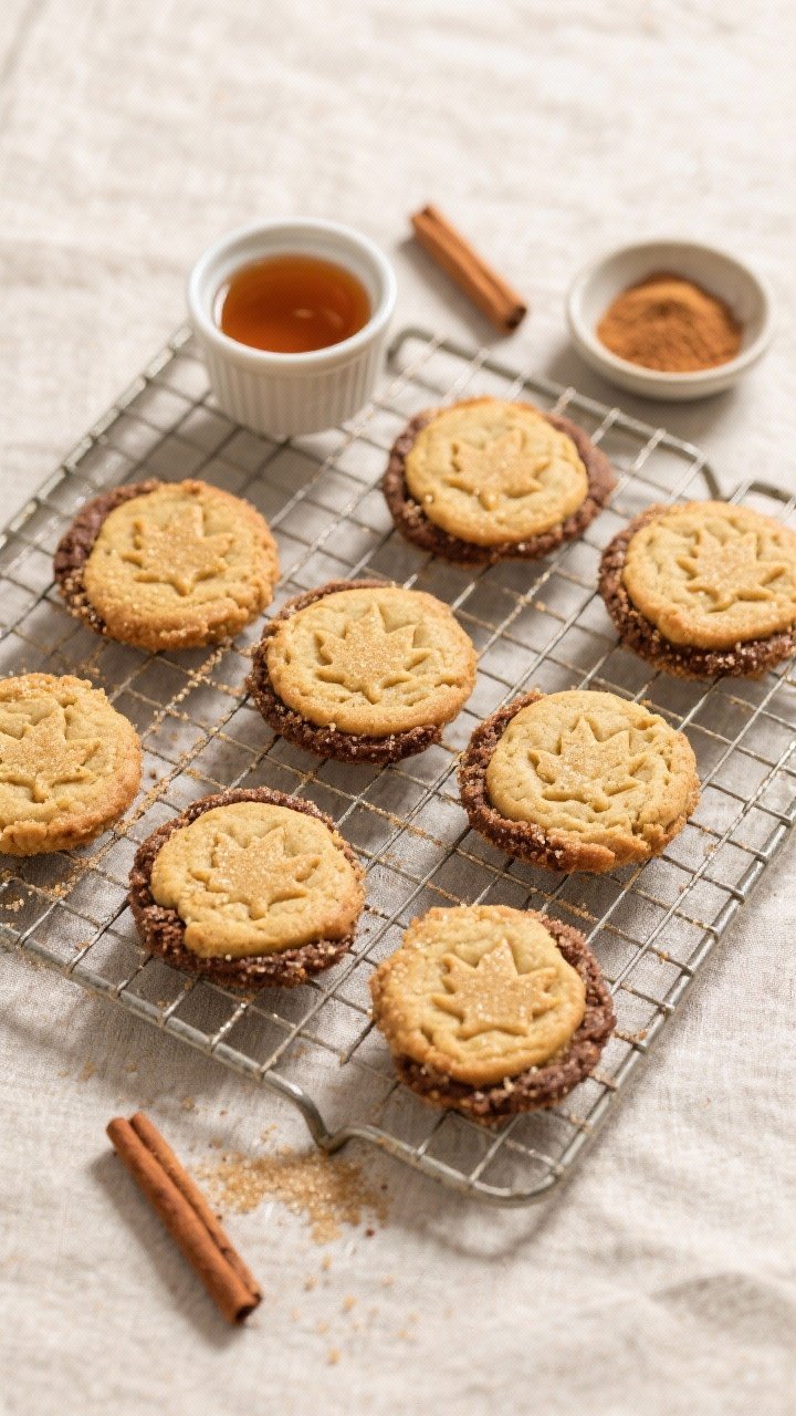Tasty top view: Overhead shot of a small-batch cooling scene—8 finished spiced maple cookies on a 