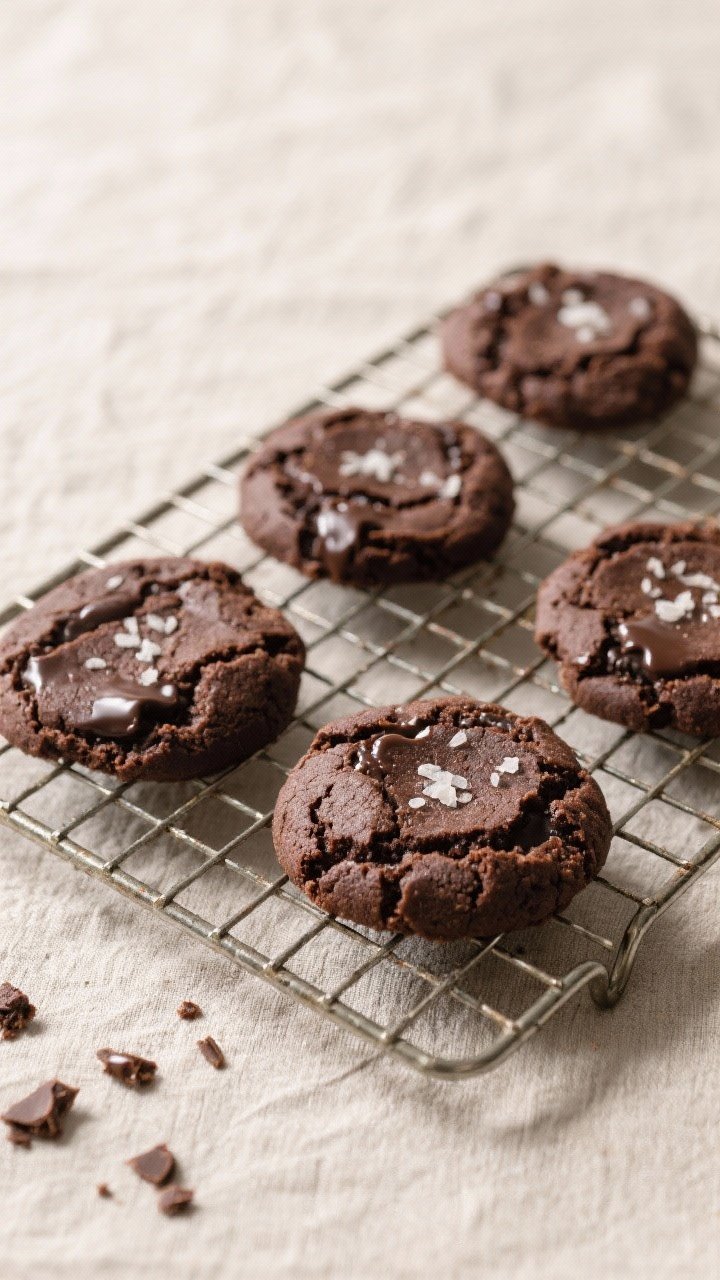 Tasty top view: Overhead shot of a small-batch cookie cooling scene—five finished triple-choc cook