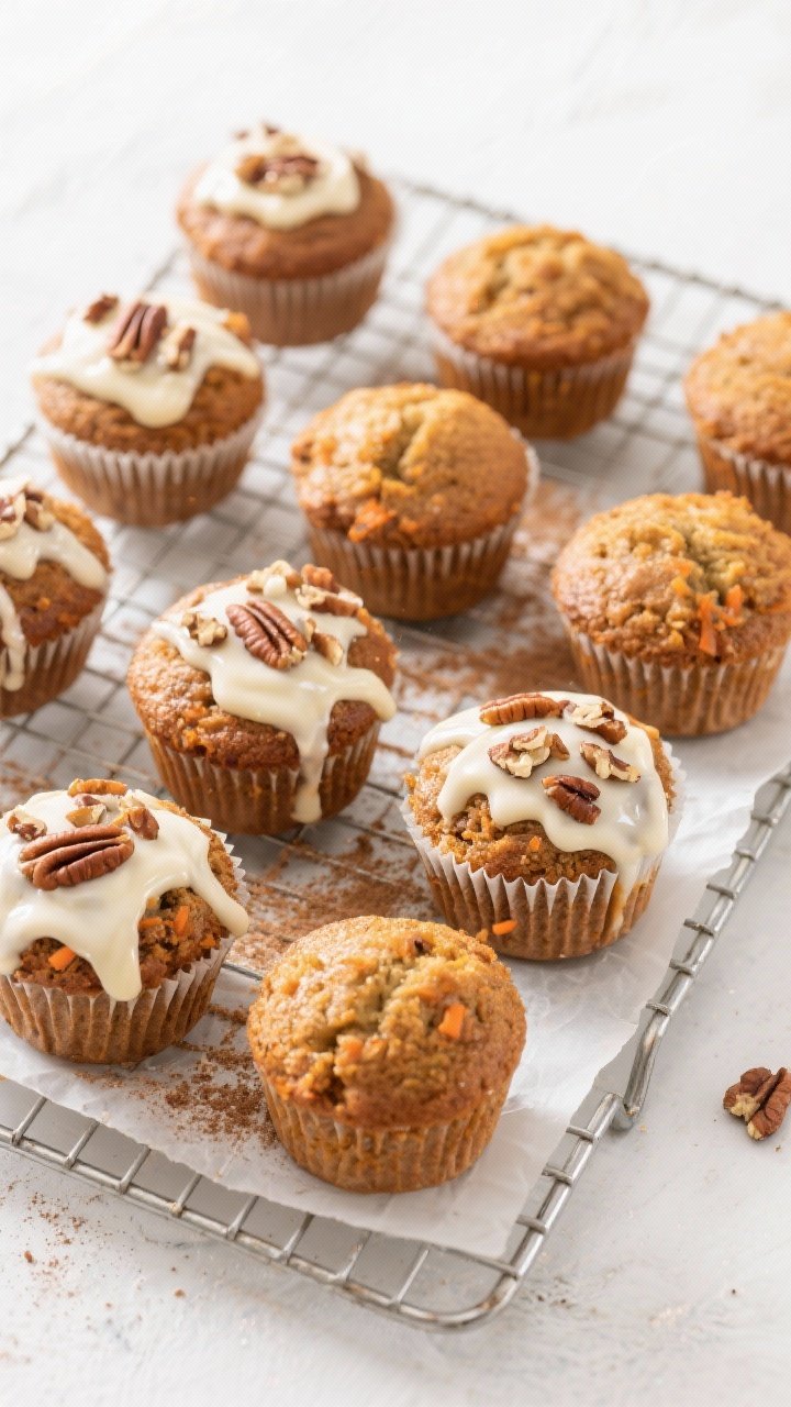 Tasty top view: Overhead shot of a small-batch set of 8 carrot cake muffins cooling on a wire rack,