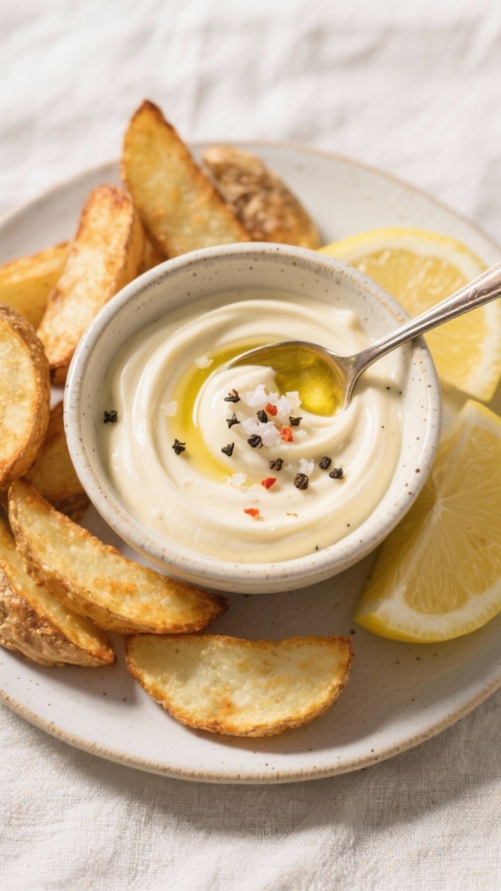 Tasty top view: Overhead shot of a small ceramic bowl of finished roasted garlic aioli, pale ivory w
