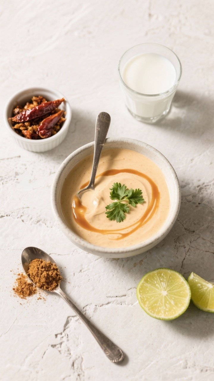 Tasty top view: Overhead shot of a small mixing bowl of crema at drizzle consistency, spoon trails s