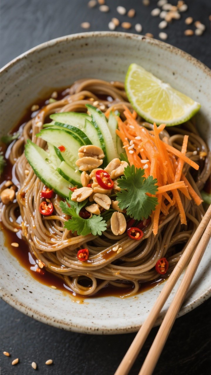 Tasty top view: Overhead shot of a soba noodle bowl generously drizzled with the chilli peanut dress