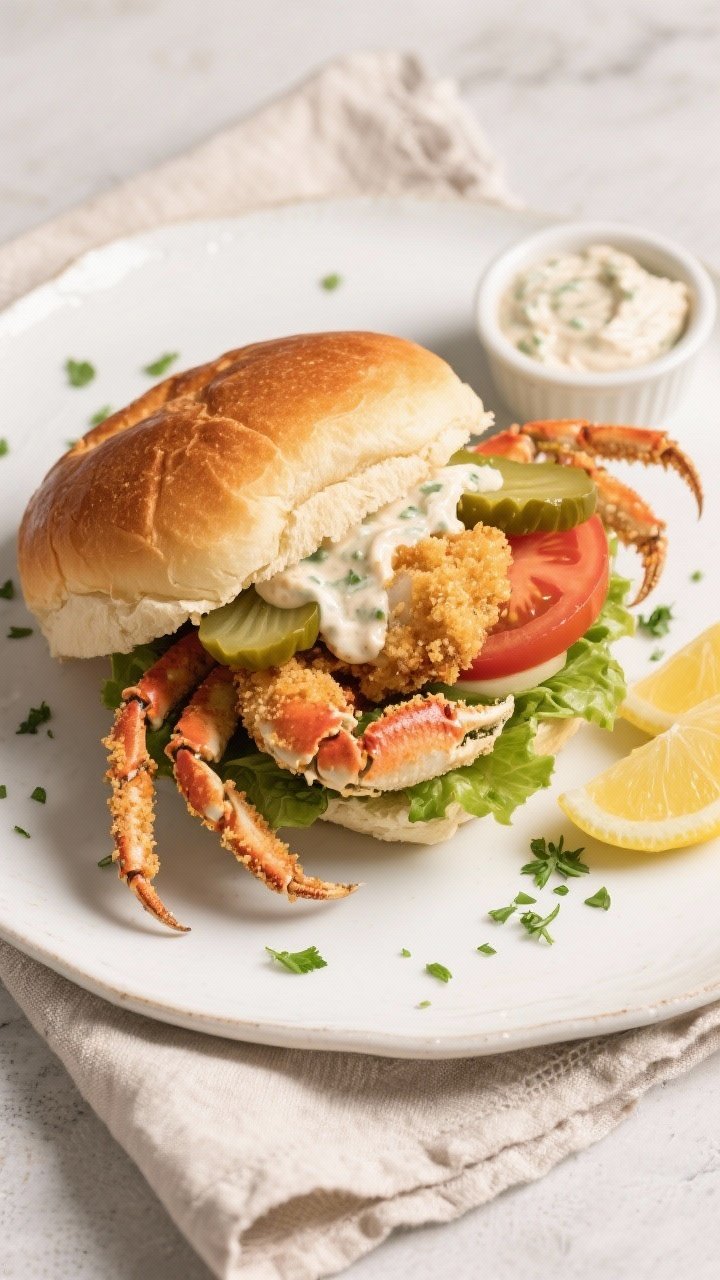 Tasty top view: Overhead shot of a soft shell crab sandwich on a toasted brioche bun with lettuce, r