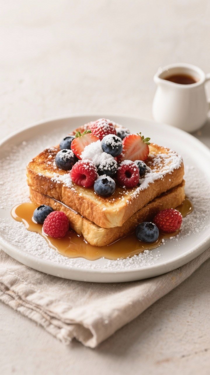 Tasty top view: Overhead shot of a stack of air-fried Not-so-Frenchie toast on a matte white plate, 