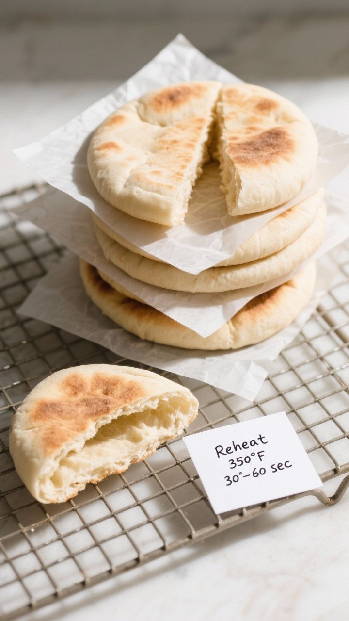 Tasty top view: Overhead shot of a stack of cooled pitas on a cooling rack, parchment squares betwee