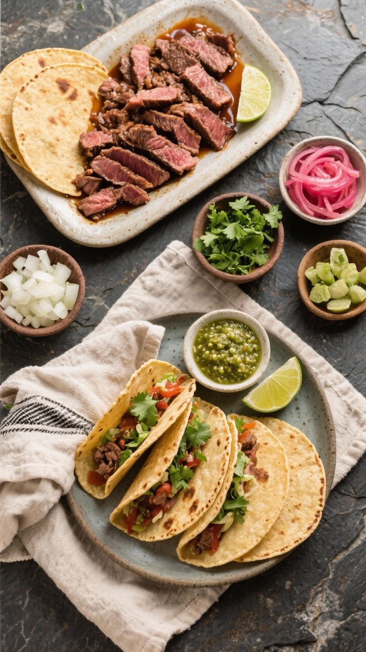 Tasty top view: Overhead shot of a taco assembly spread—warm corn tortillas wrapped in a towel, a