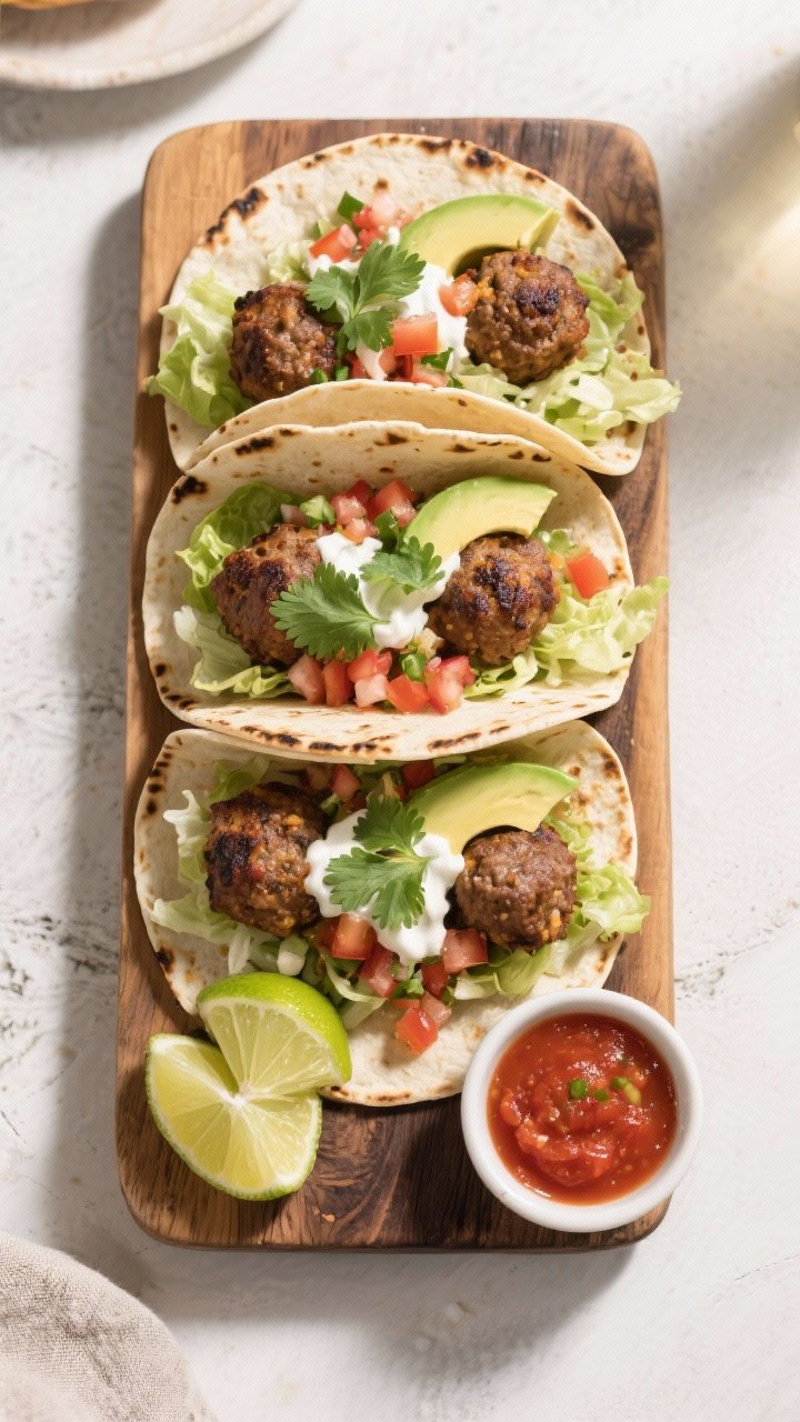 Tasty top view: Overhead shot of a taco board featuring the cooked Mexican stuffed meatballs tucked 