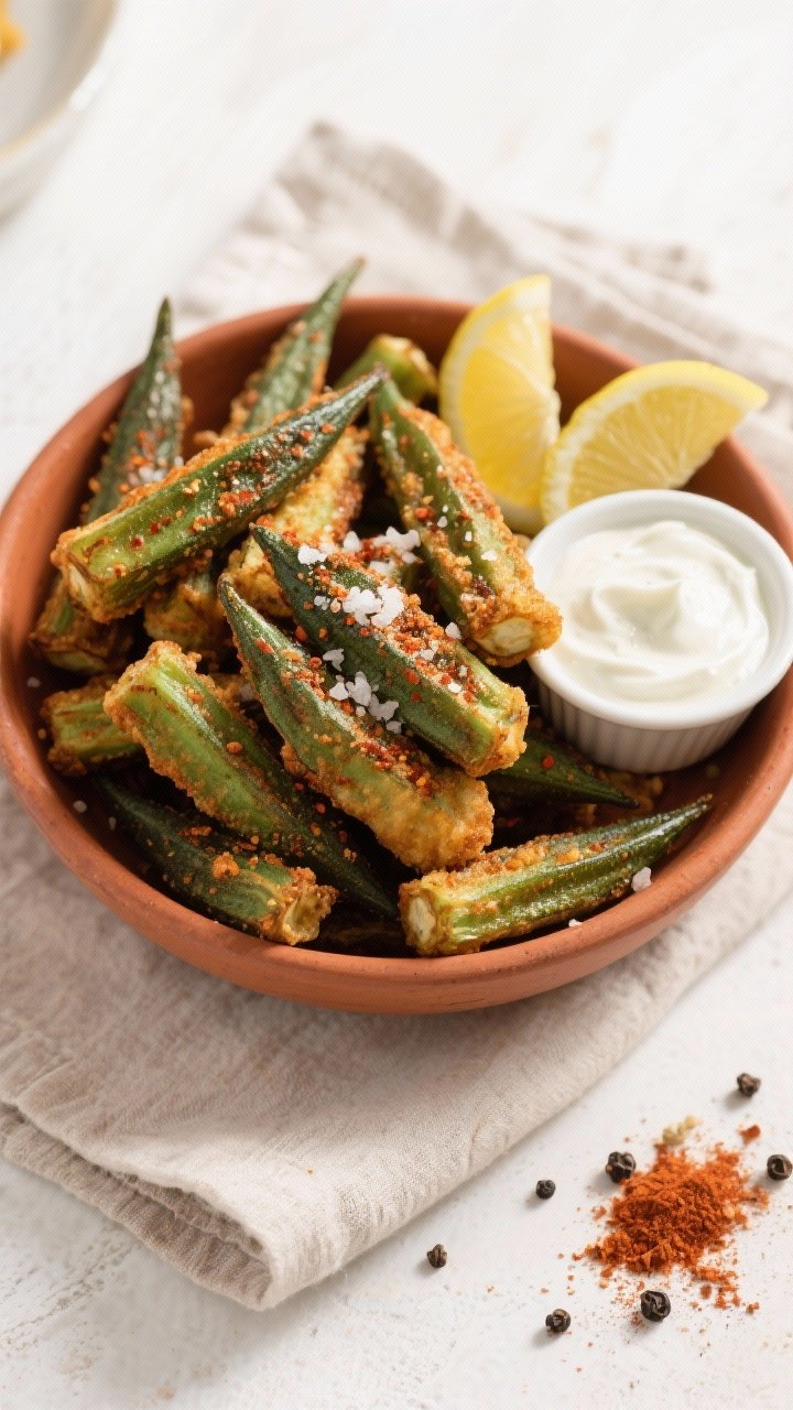 Tasty top view: Overhead shot of a warm serving bowl piled with Cajun air-fried okra, sprinkled with